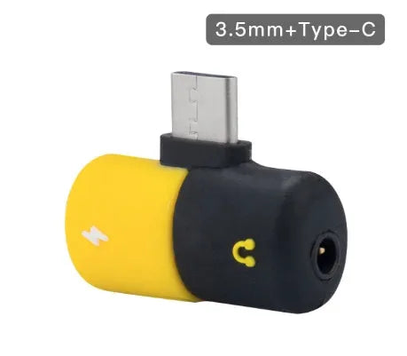 Blue and yellow 2-in-1 charging audio adapter for Huawei and Honor Android phones showing 30mm x 12mm size