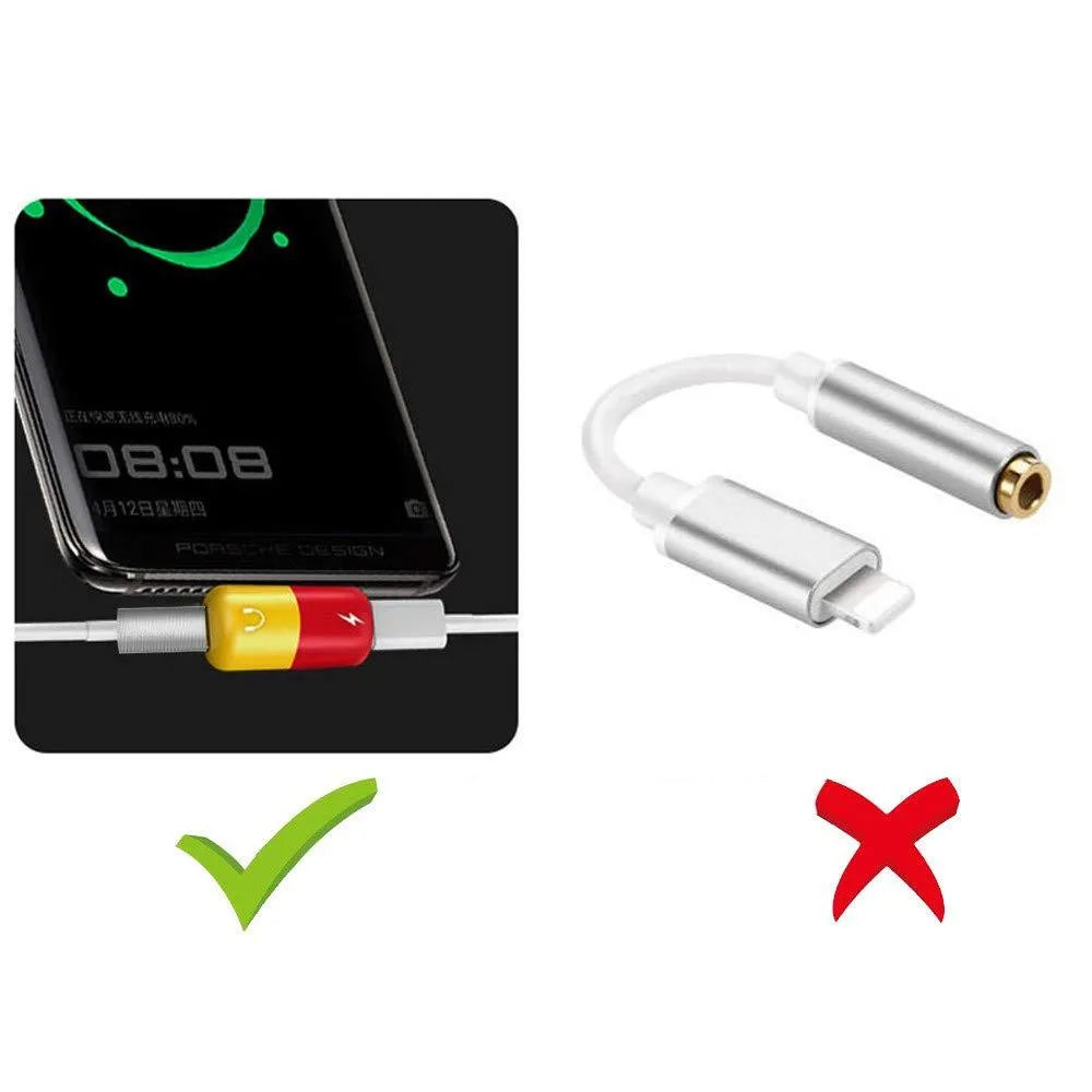 Blue and yellow 2-in-1 charging audio adapter for Huawei and Honor Android phones showing 30mm x 12mm size
