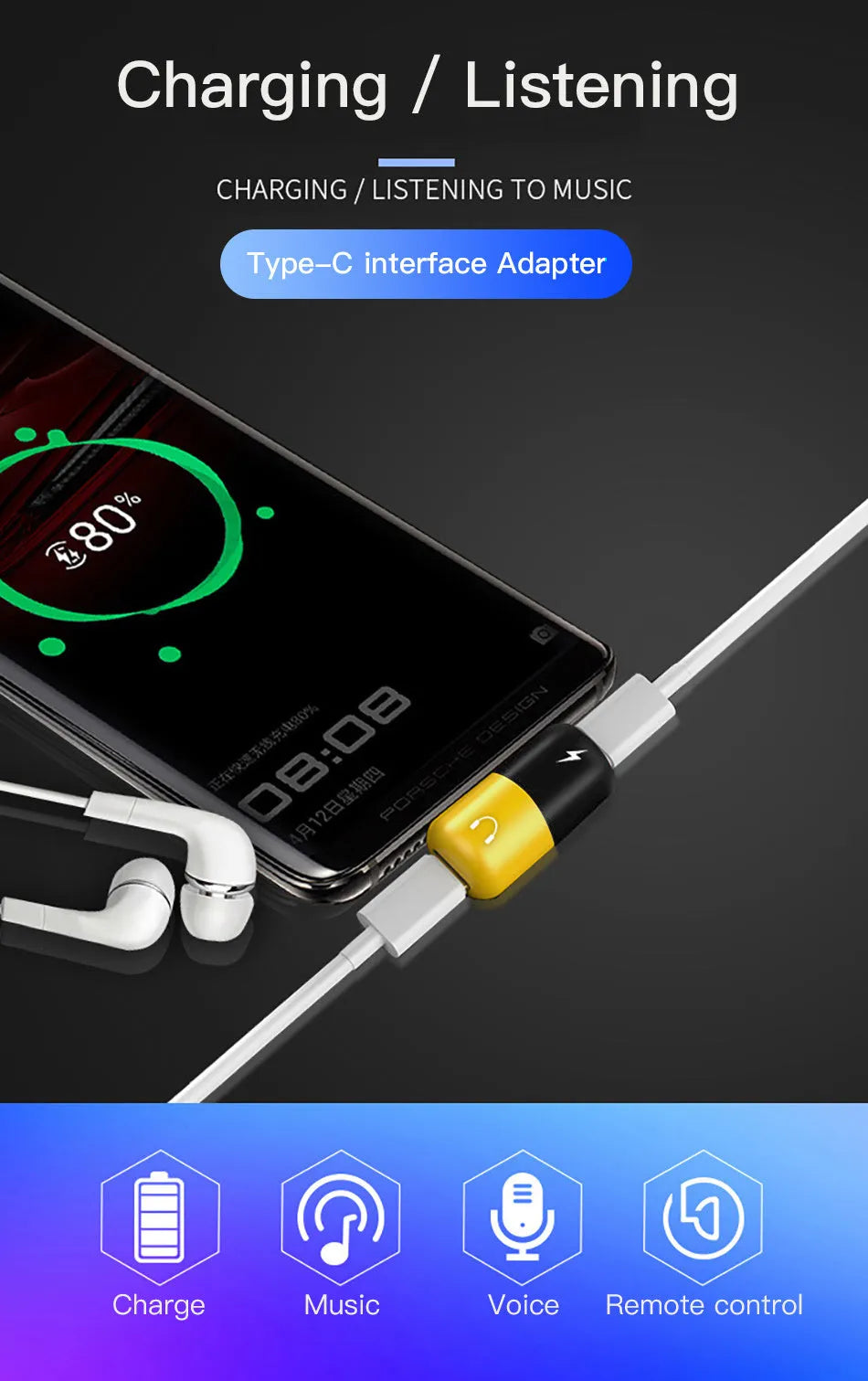 Blue and yellow 2-in-1 charging audio adapter for Huawei and Honor Android phones showing 30mm x 12mm size