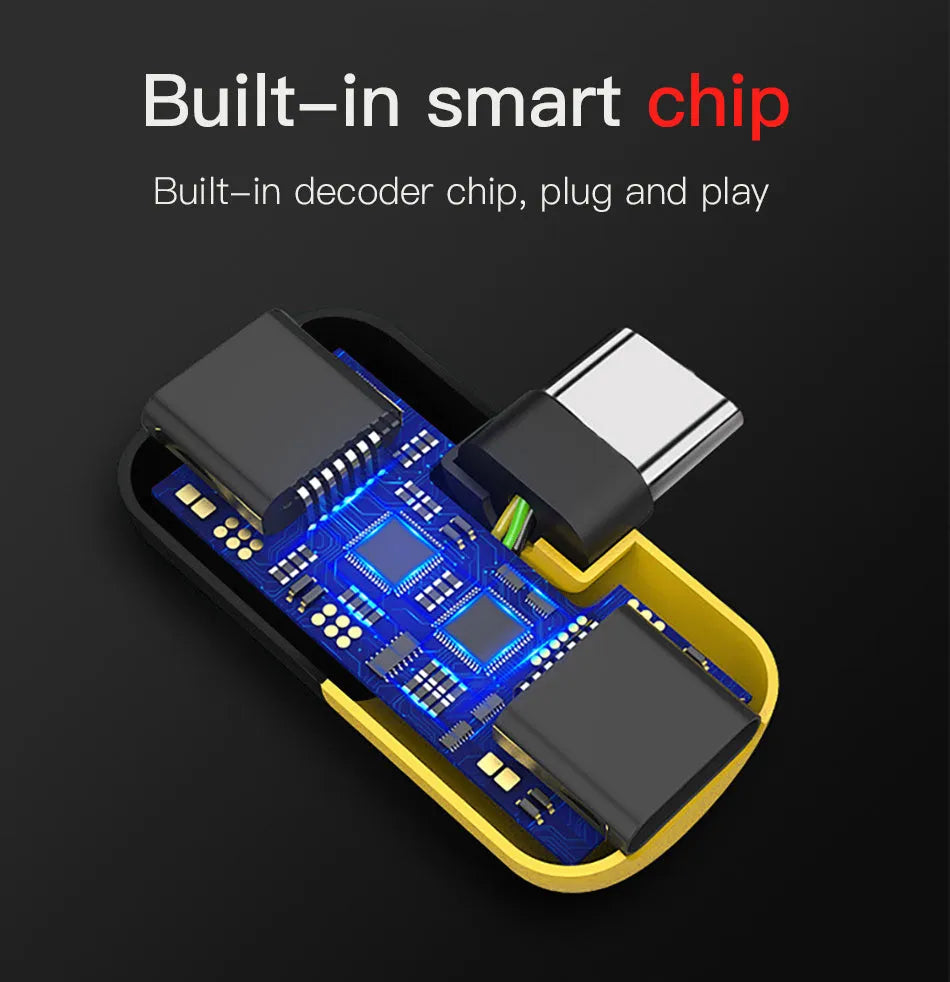 Blue and yellow 2-in-1 charging audio adapter for Huawei and Honor Android phones showing 30mm x 12mm size