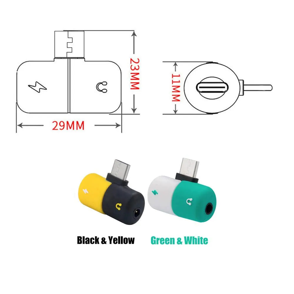 Blue and yellow 2-in-1 charging audio adapter for Huawei and Honor Android phones showing 30mm x 12mm size