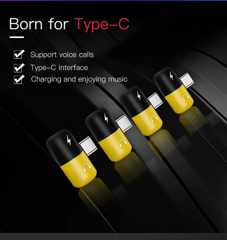 Blue and yellow 2-in-1 charging audio adapter for Huawei and Honor Android phones showing 30mm x 12mm size