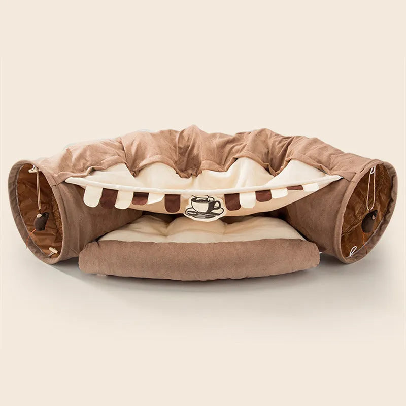 Collapsible blue cloth cat tunnel measuring 45cm long for indoor feline play