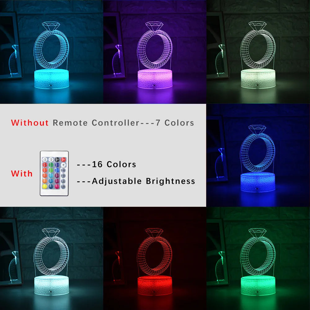 3D LED night light projecting illuminated diamond ring image with colour changing effects