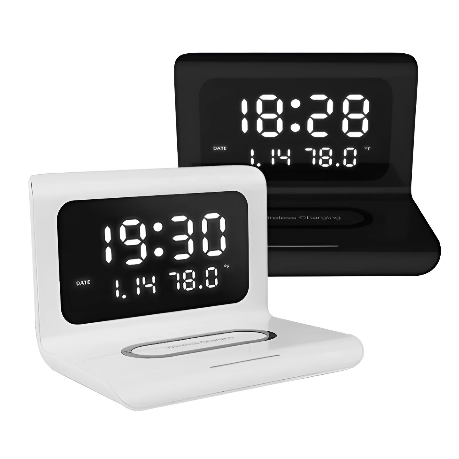 White wireless charger alarm clock showing time, calendar, temperature and humidity displays with charging surface