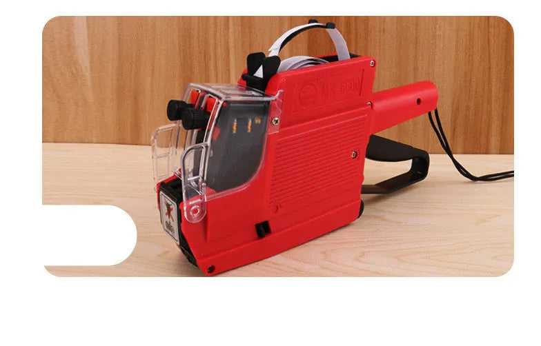 Manual price labelling coding machine in blue, red, or yellow with ink roller and paper.