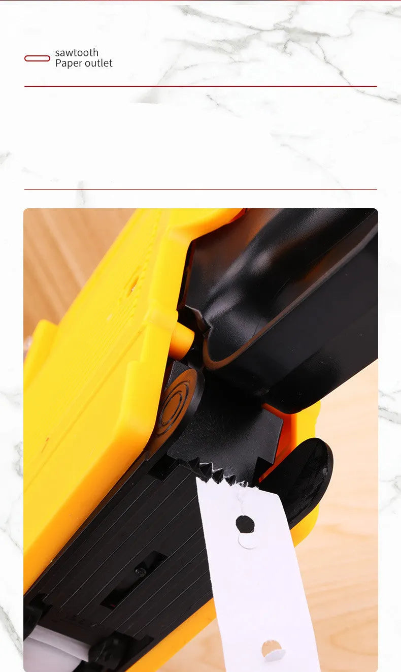 Manual price labelling coding machine in blue, red, or yellow with ink roller and paper.