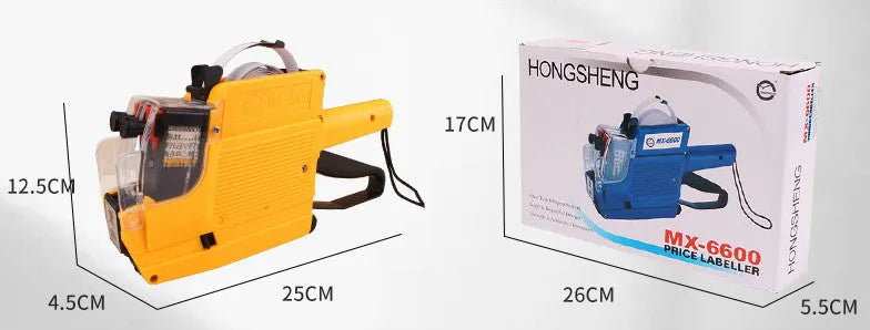 Manual price labelling coding machine in blue, red, or yellow with ink roller and paper.