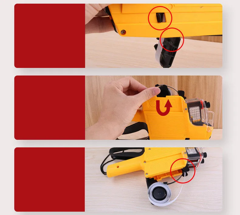 Manual price labelling coding machine in blue, red, or yellow with ink roller and paper.