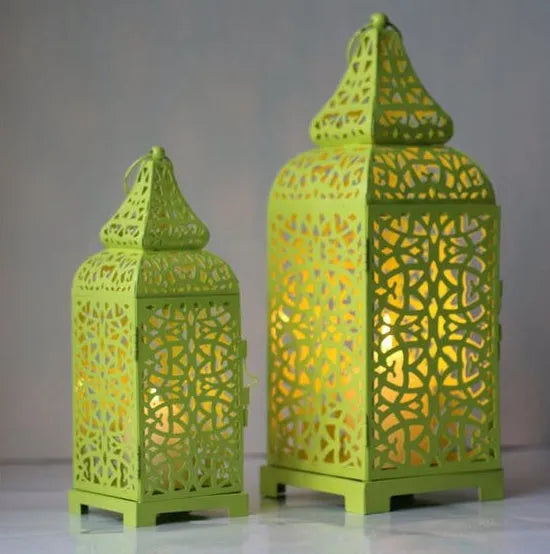 Blue geometric metal candelabra with hollow retro design and Moroccan lantern styling