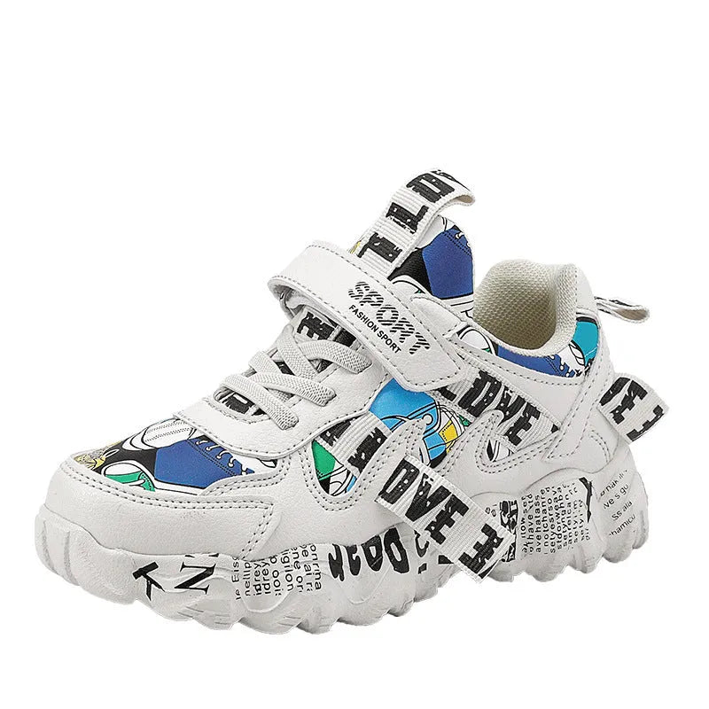 Kids boys sports sneakers with Velcro fastening in beige blue, white red, and bright red colour options