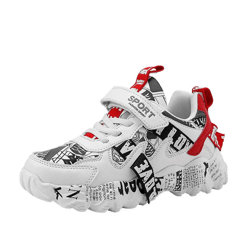 Kids boys sports sneakers with Velcro fastening in beige blue, white red, and bright red colour options