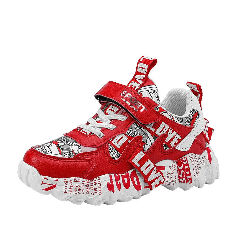 Kids boys sports sneakers with Velcro fastening in beige blue, white red, and bright red colour options