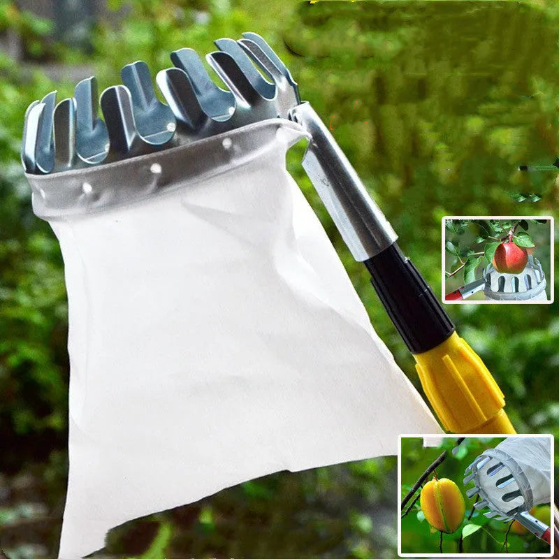 Steel-framed fruit picker with a cloth bag for catching citrus, pears and peaches.