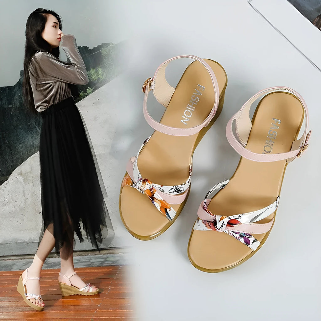 Women's pink PU wedge sandals with a thick platform heel and fish mouth style