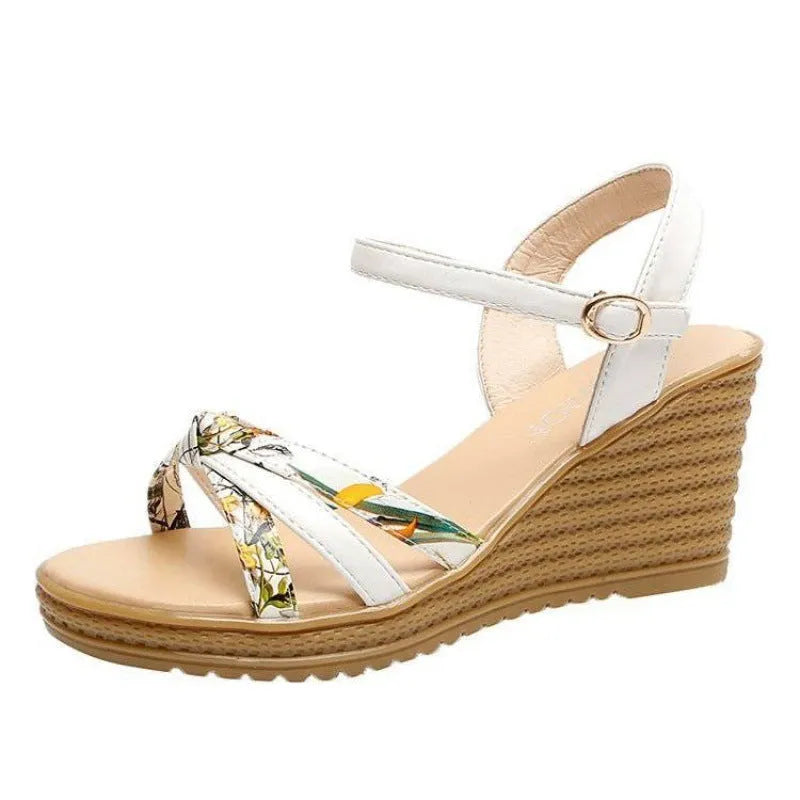 Women's pink PU wedge sandals with a thick platform heel and fish mouth style