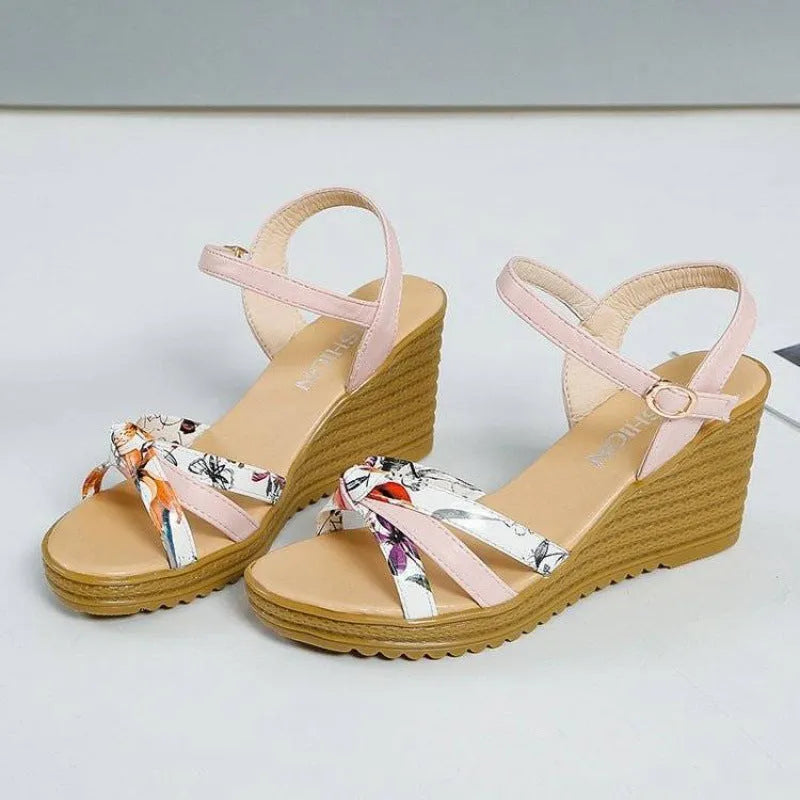 Women's pink PU wedge sandals with a thick platform heel and fish mouth style