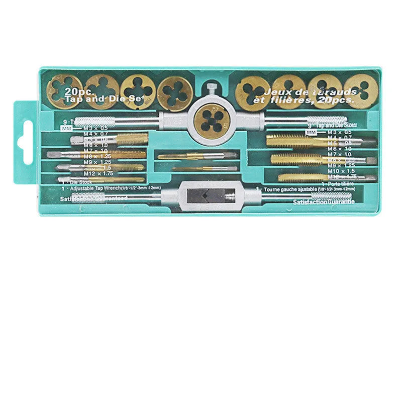20-piece metric hand tap and die set with alloy steel construction