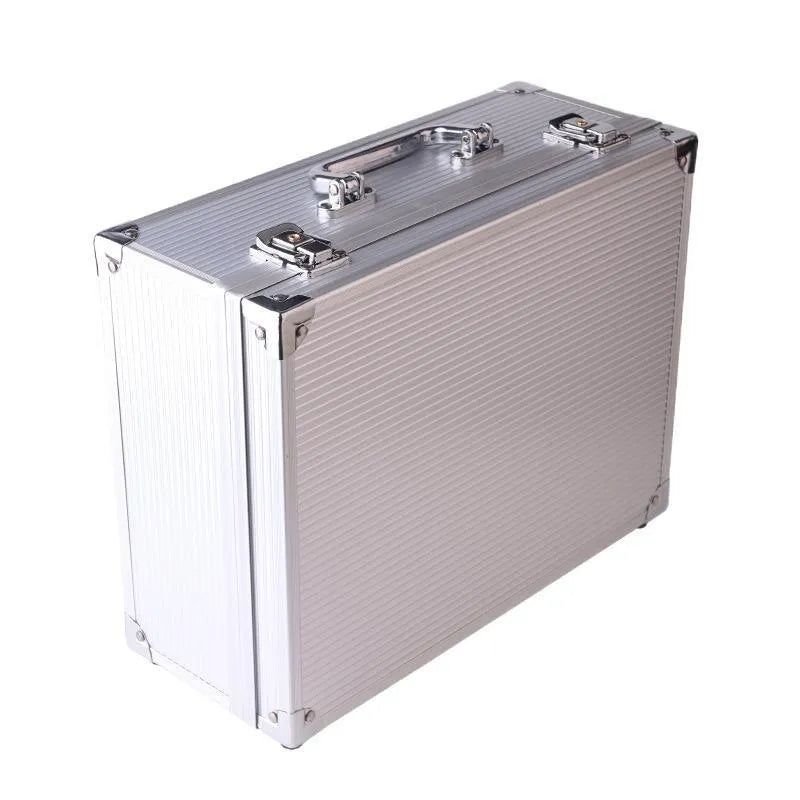 Black aluminium tattoo equipment storage box containing tattoo needles, inks, and tools