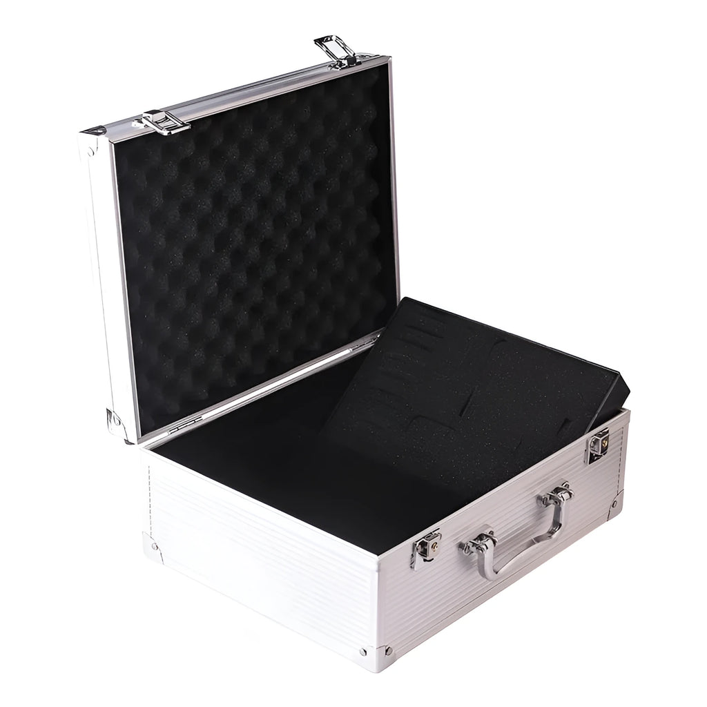 Black aluminium tattoo equipment storage box containing tattoo needles, inks, and tools