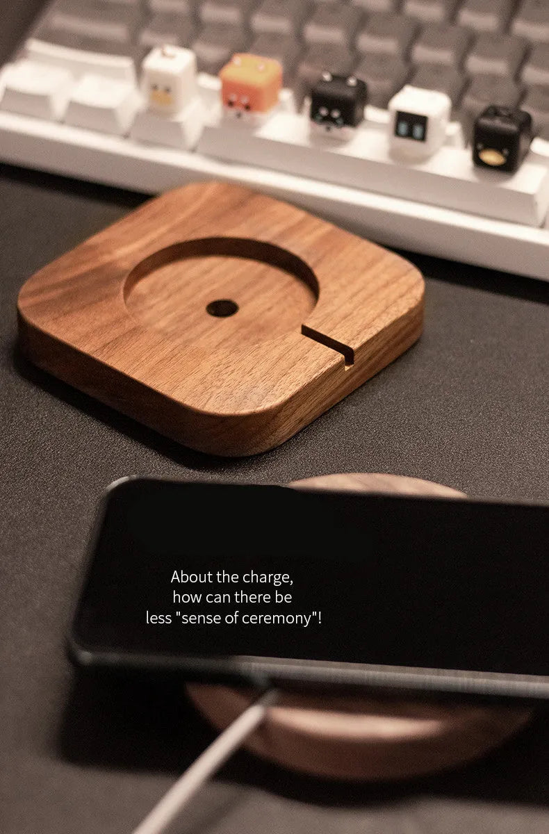 Walnut wood magnetic wireless charging bracket for MagSafe iPhones on desk