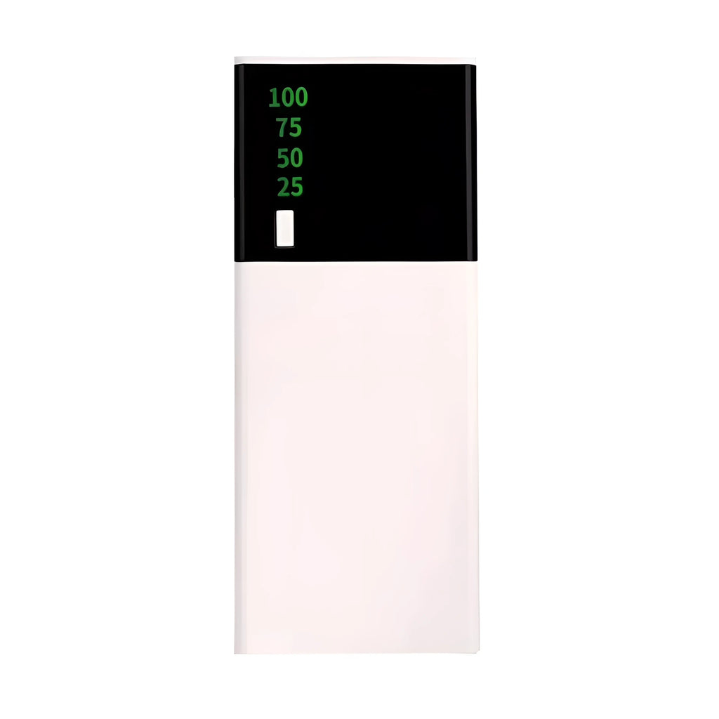 Black 20000mAh power bank measuring 135mm by 60mm with included charging cable