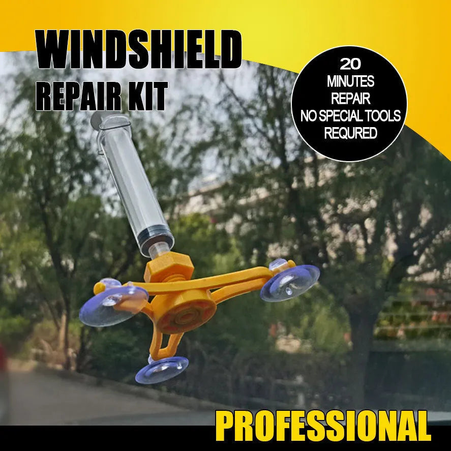 Yellow auto glass repair tool with triangle bracket and 2ML repair fluid on a car windshield