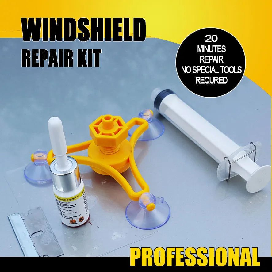 Yellow auto glass repair tool with triangle bracket and 2ML repair fluid on a car windshield