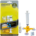 Yellow auto glass repair tool with triangle bracket and 2ML repair fluid on a car windshield