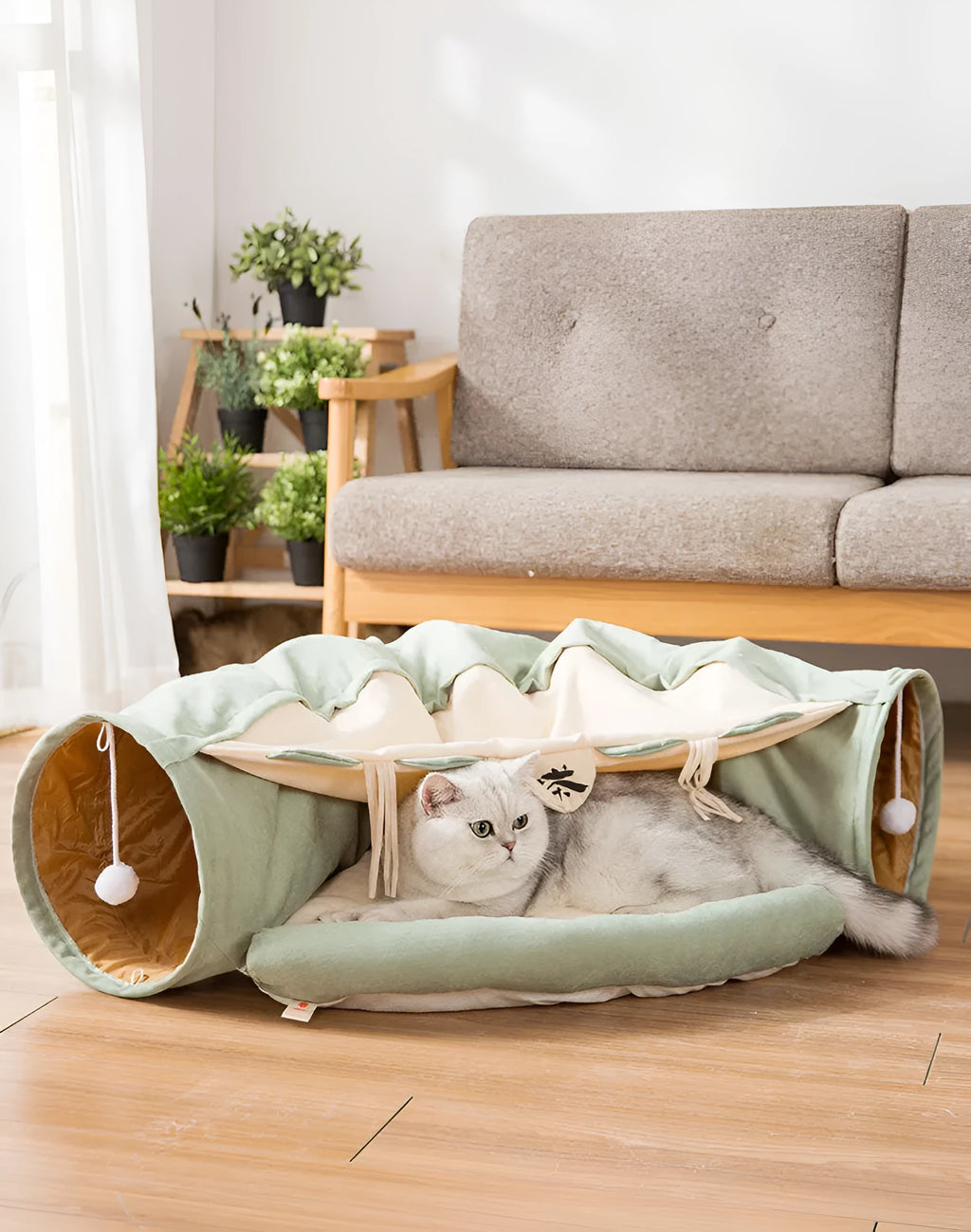 Collapsible blue cloth cat tunnel measuring 45cm long for indoor feline play