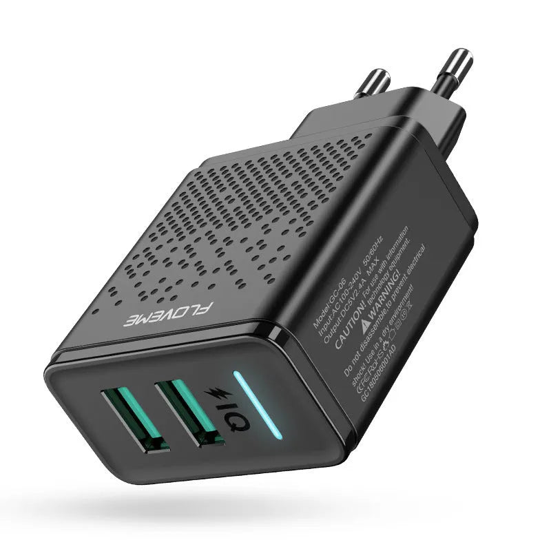 Dual port USB charger with EU plug in black and white colour options showing 5V 2.4A specifications