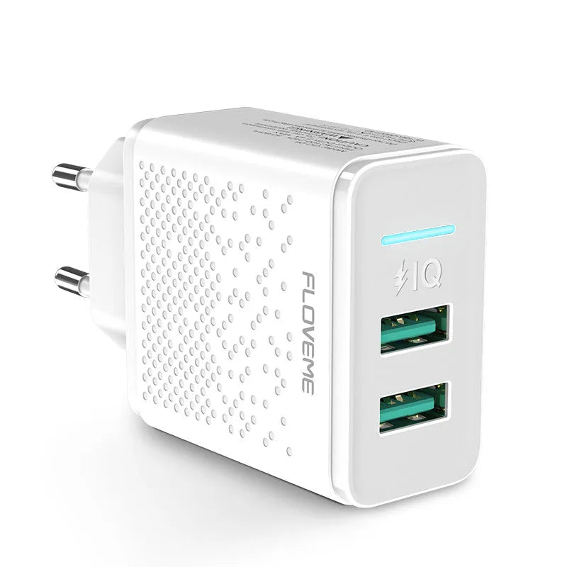 Dual port USB charger with EU plug in black and white colour options showing 5V 2.4A specifications