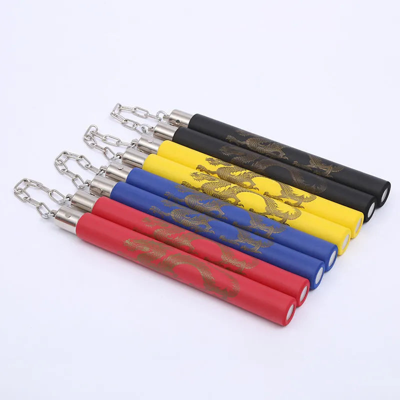 Sponge nunchakus with EVA foam coating showing two 28cm sections connected by chain
