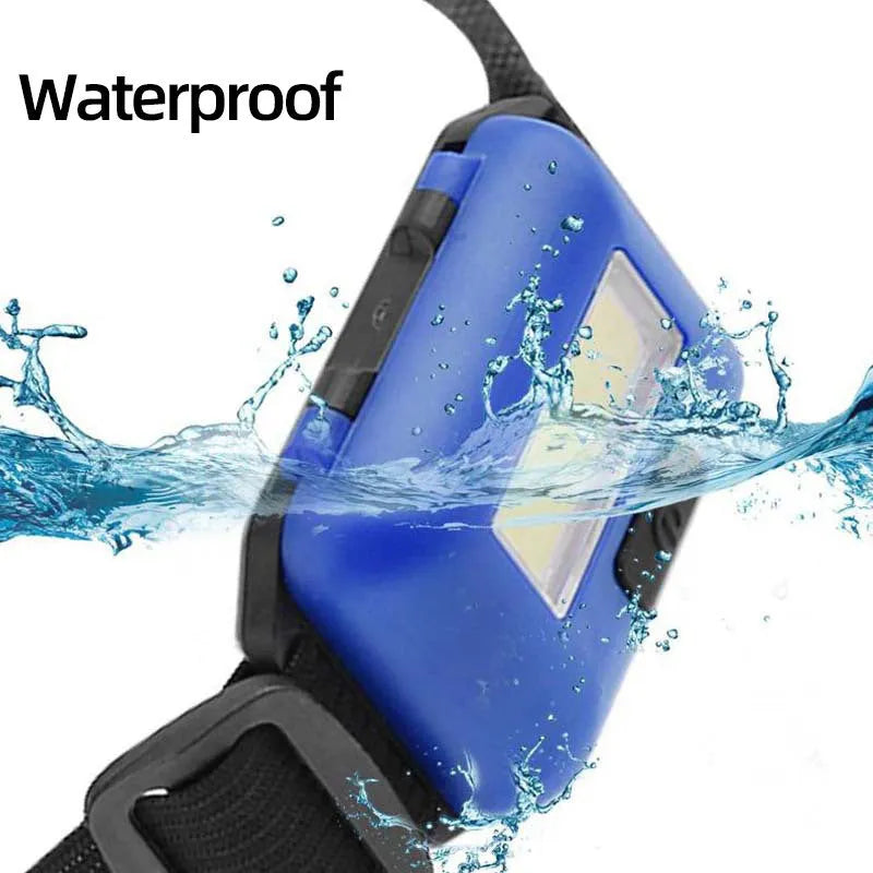 Compact black COB LED headlamp with adjustable polyester headband, shown with AAA batteries.
