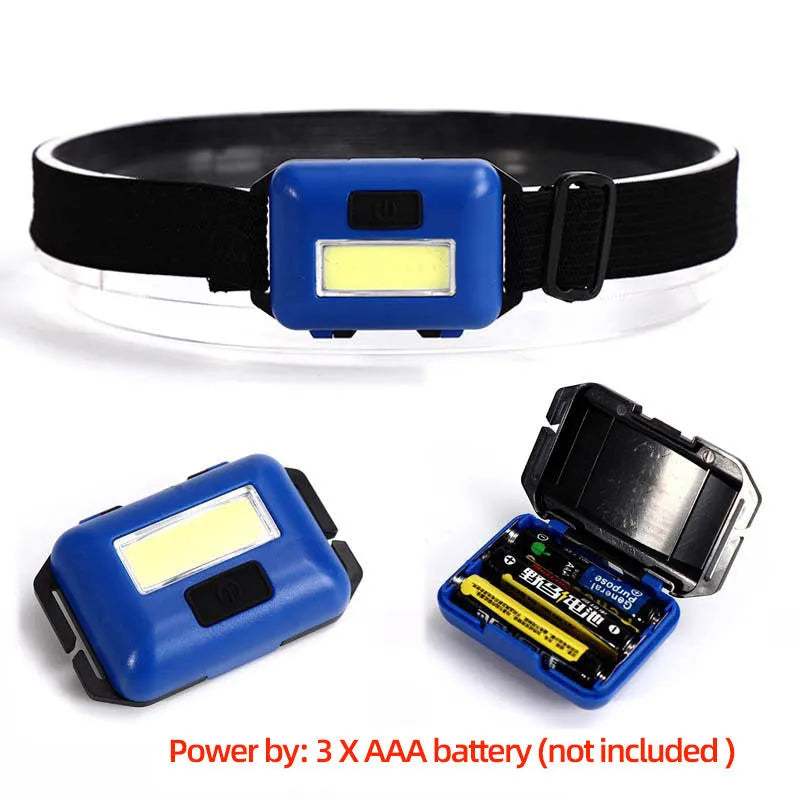 Compact black COB LED headlamp with adjustable polyester headband, shown with AAA batteries.