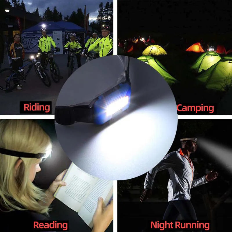 Compact black COB LED headlamp with adjustable polyester headband, shown with AAA batteries.