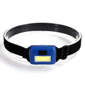 Compact black COB LED headlamp with adjustable polyester headband, shown with AAA batteries.