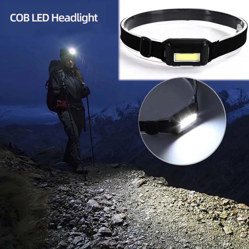 Compact black COB LED headlamp with adjustable polyester headband, shown with AAA batteries.