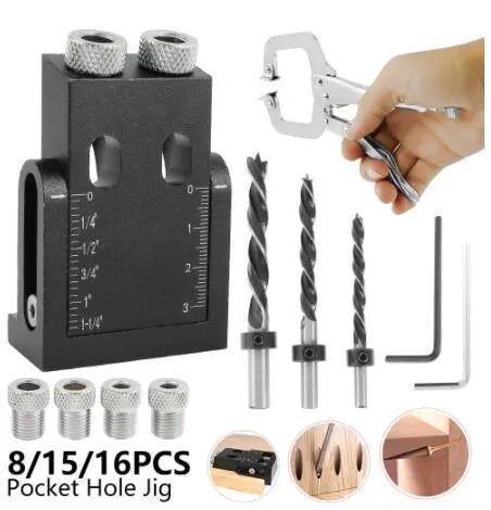Black aluminium alloy woodworking perforation locator tool with sleeves and drill bits for dowel hole alignment.