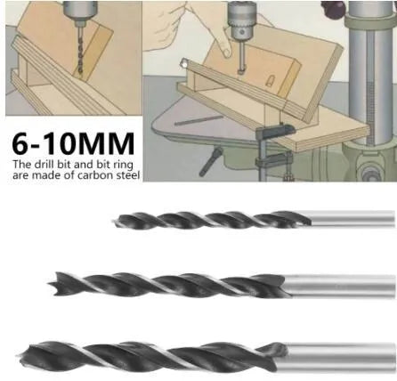 Black aluminium alloy woodworking perforation locator tool with sleeves and drill bits for dowel hole alignment.