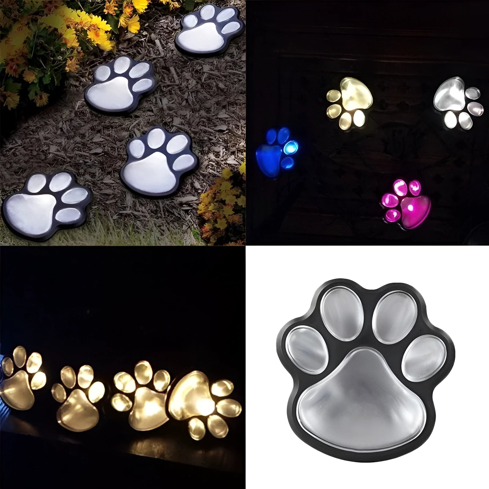 Set of four black animal paw print shaped solar LED garden lights with a central solar panel pole.