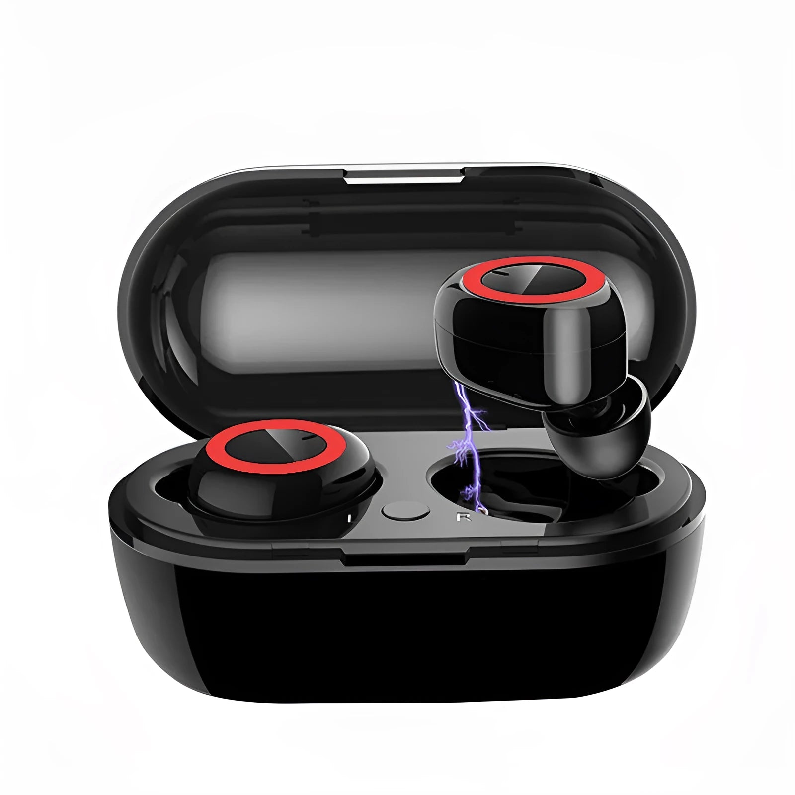 Black and red two-tone True Wireless Stereo Bluetooth earbuds with a charging case.