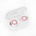 Black and red two-tone True Wireless Stereo Bluetooth earbuds with a charging case.