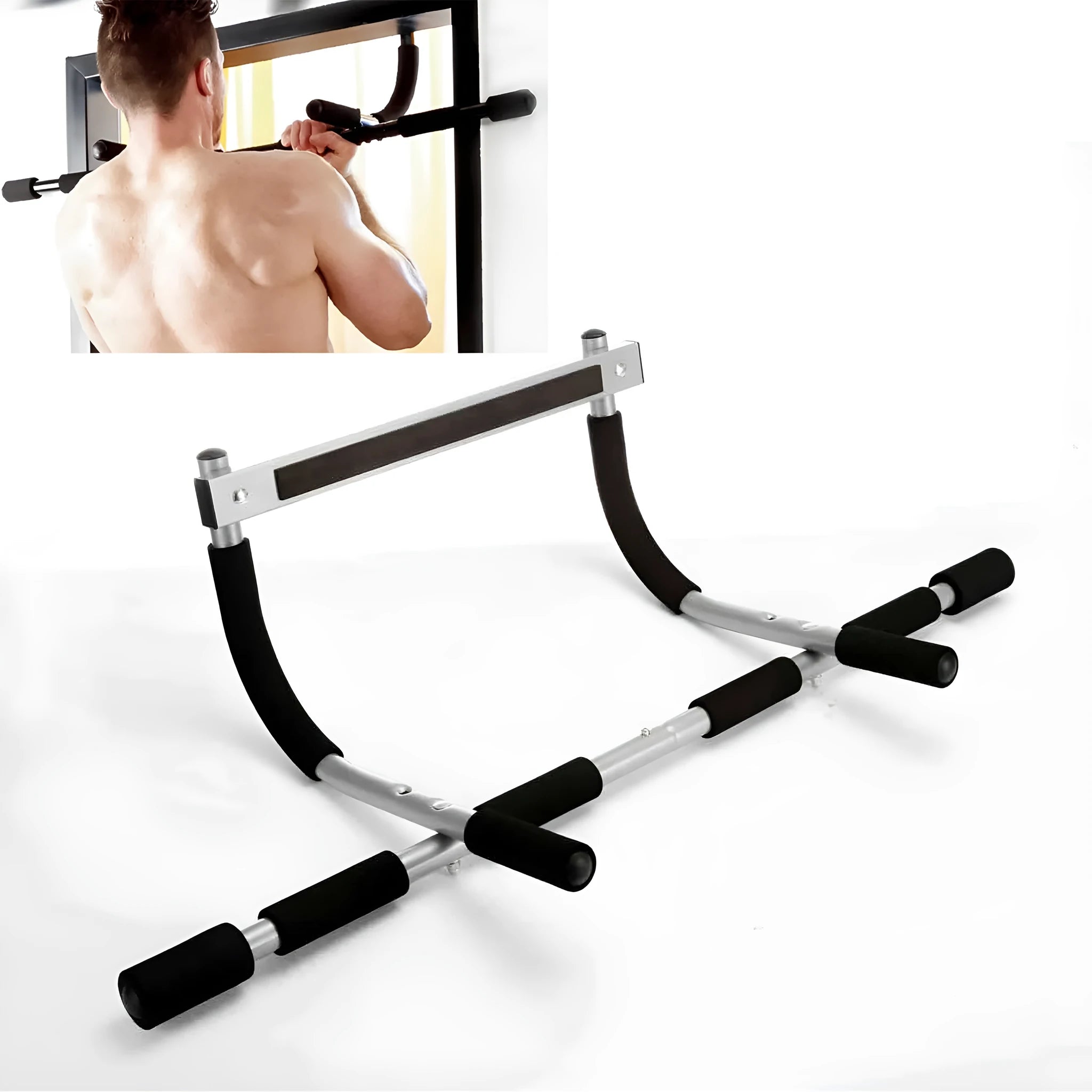 Black steel doorway pull-up bar for home fitness training
