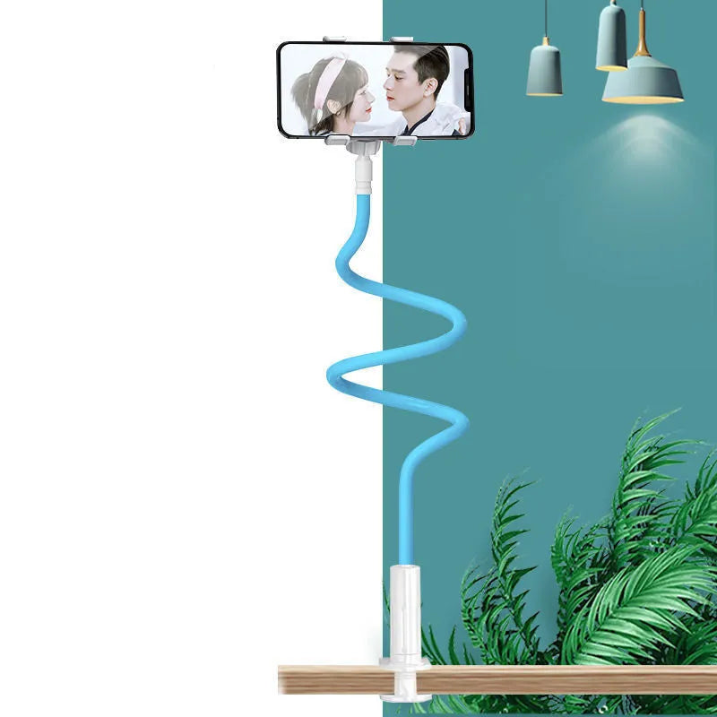 Blue mobile phone holder with flexible memory alloy hose mounted on bedside
