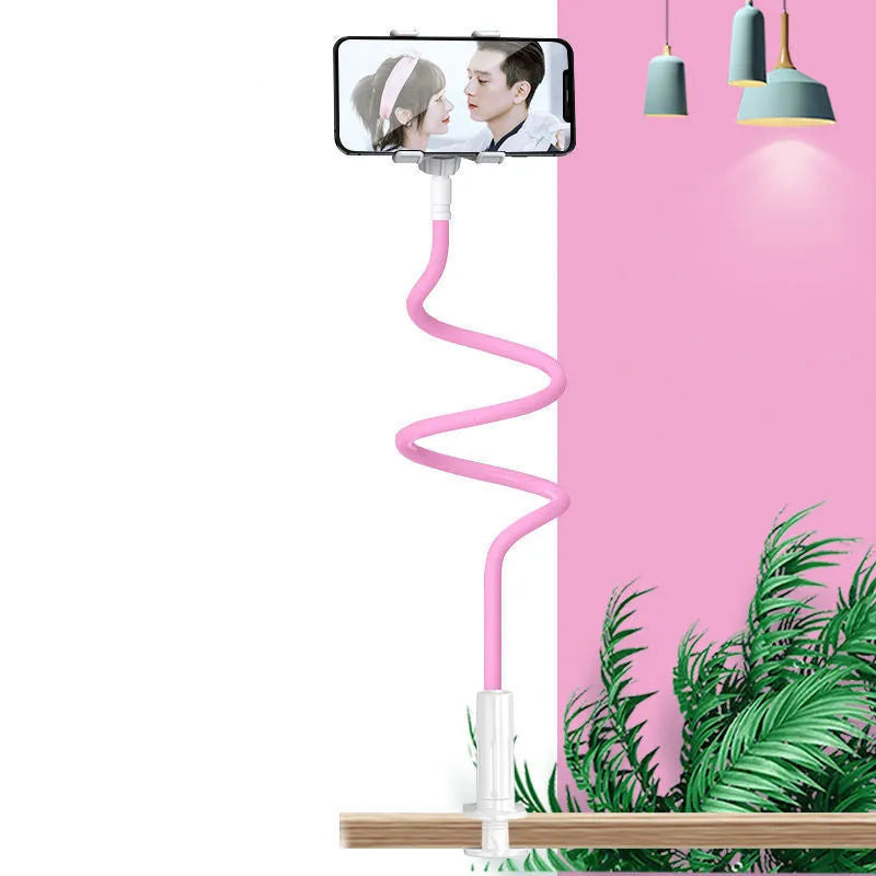 Blue mobile phone holder with flexible memory alloy hose mounted on bedside