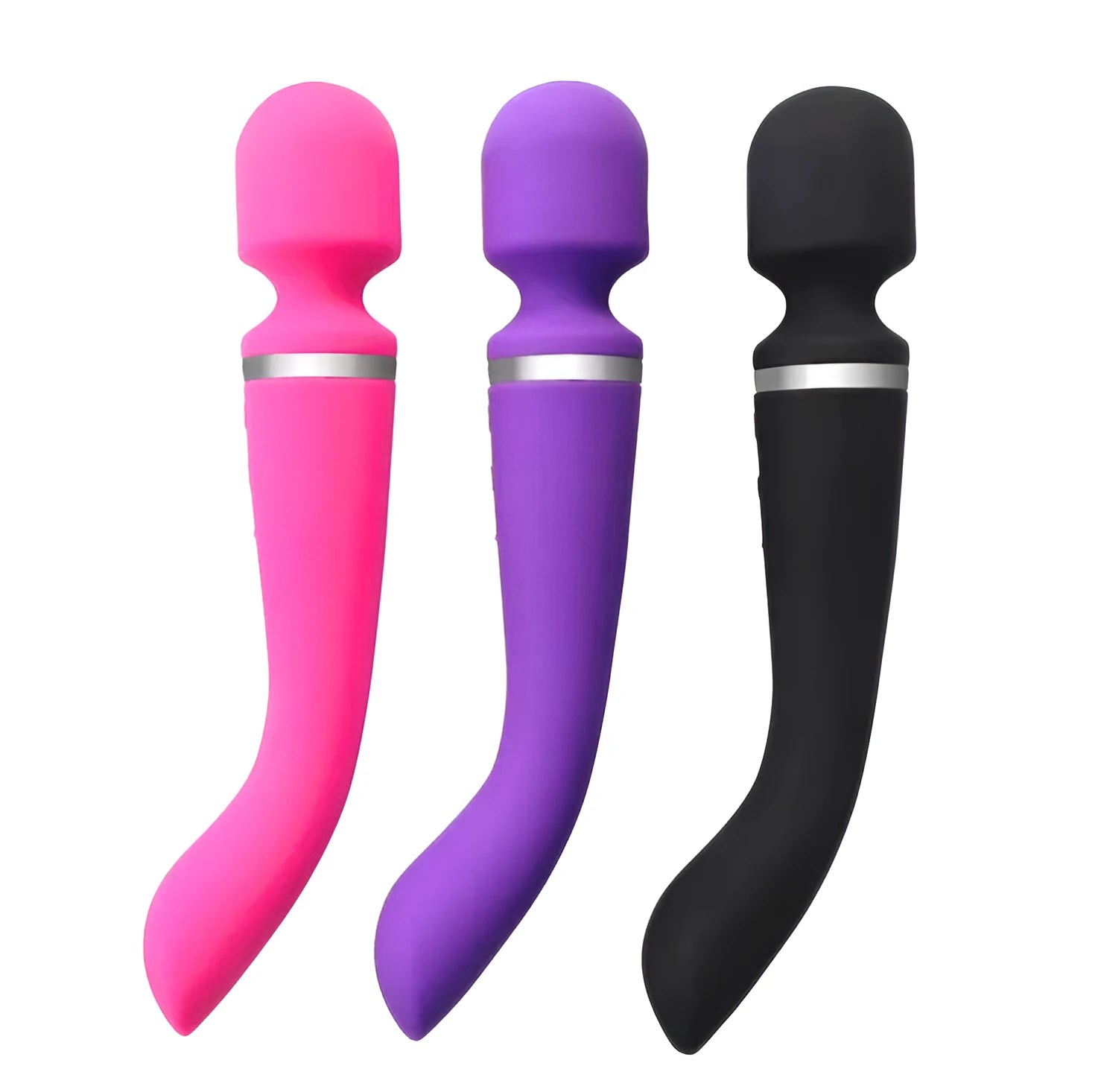 Double head silicone vibrator in black, purple, and rose red with USB charging cable