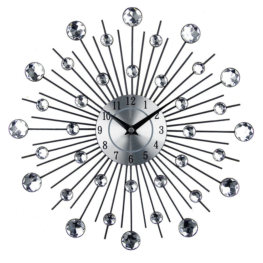 Silver round wall clock with metal frame and pointer display, 33cm in diameter