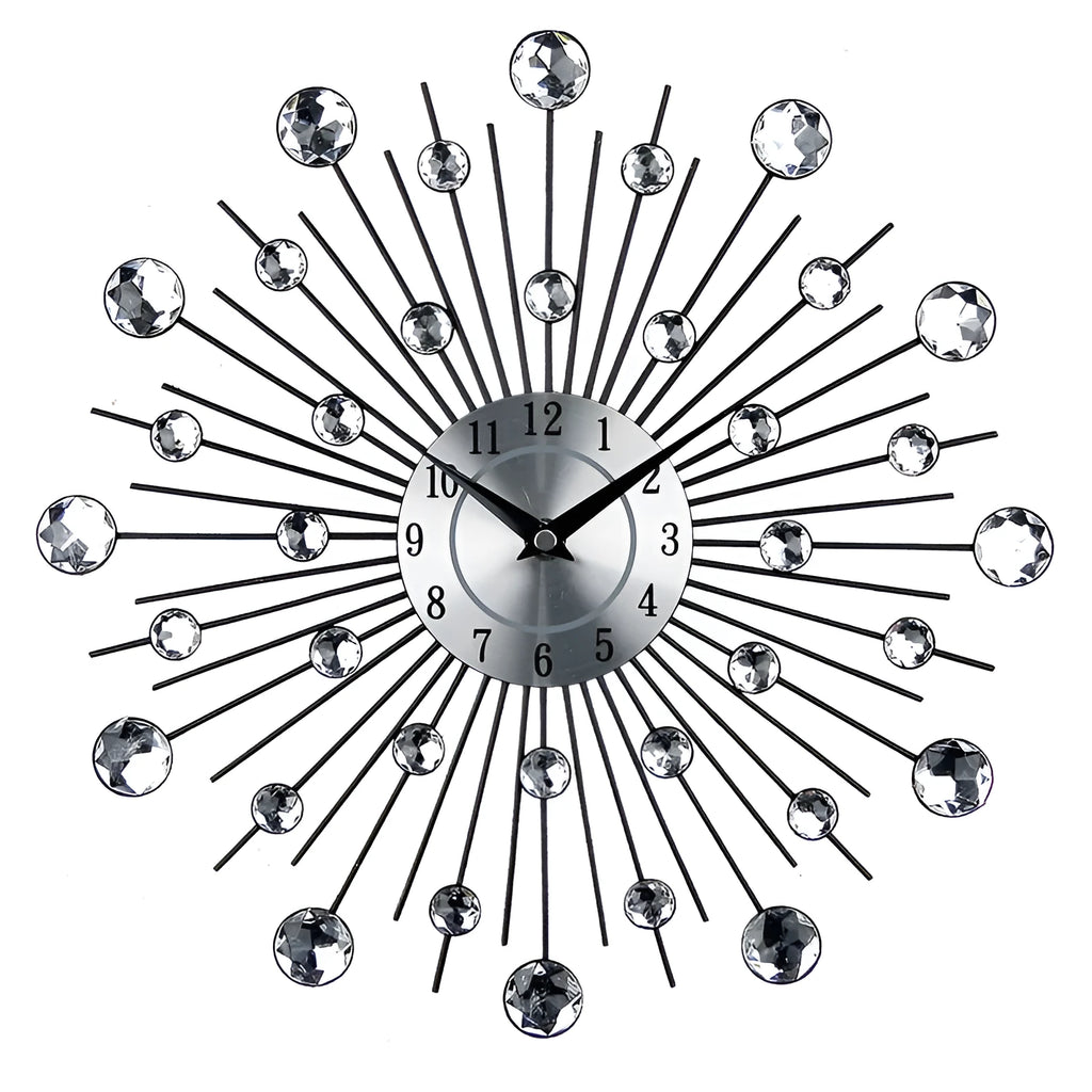 Silver round wall clock with metal frame and pointer display, 33cm in diameter
