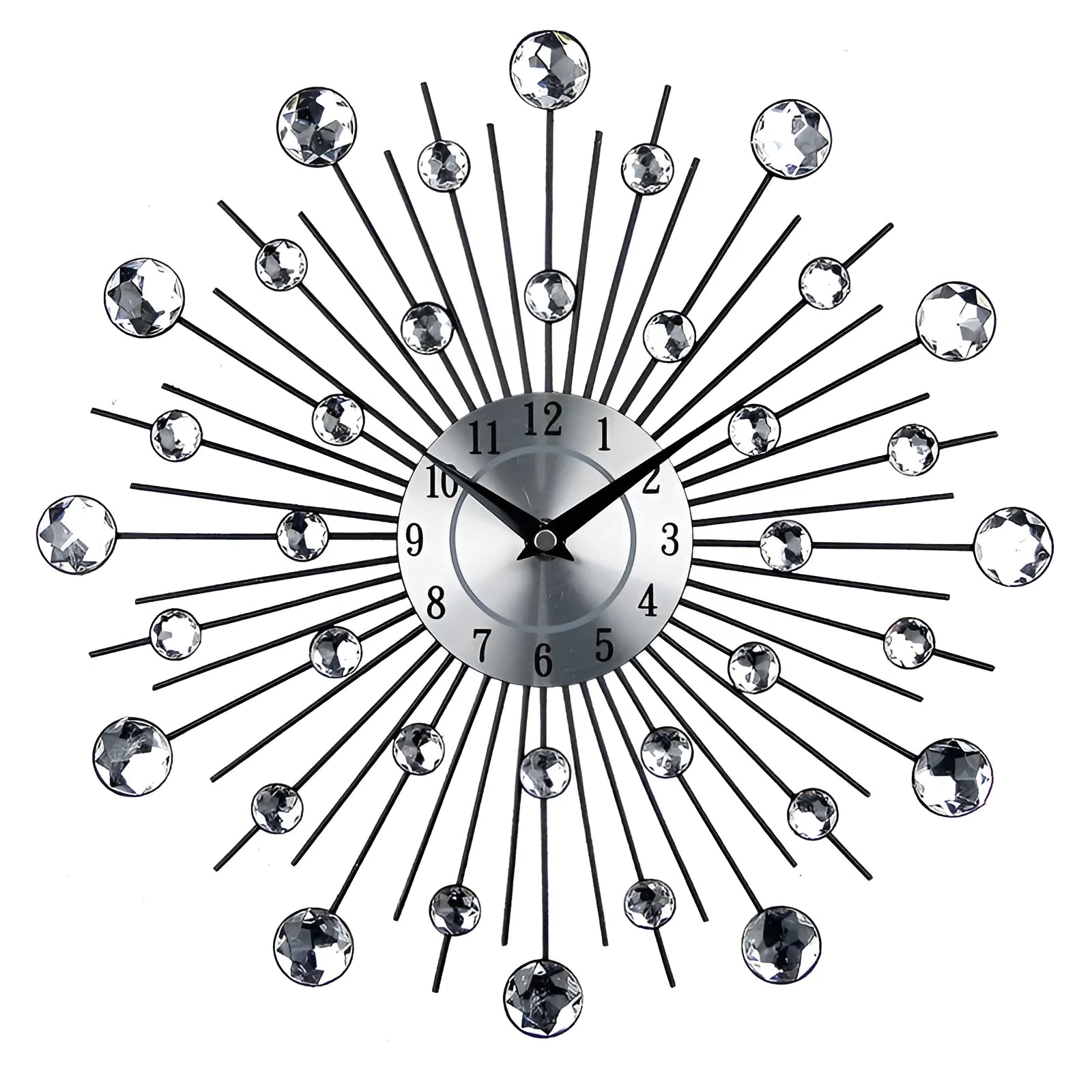 Silver round wall clock with metal frame and pointer display, 33cm in diameter